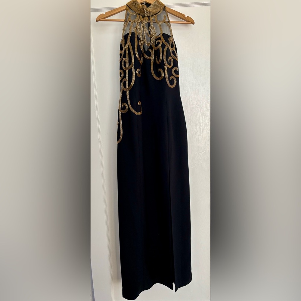 Michelangelo - Black with Swirling Gold Beading Formal Halter Dress